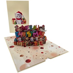 Peut inclure: Carte de No&euml;l pop-up avec un chaton portant un bonnet de P&egrave;re No&euml;l. L'int&eacute;rieur pr&eacute;sente un design 3D "MERRY CHRISTMAS" avec des chatons et des cadeaux. La carte est beige avec des accents rouges et marron.