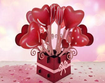Carte pop-up 3D Bouquet de ballons coeur d'amour