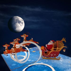 Cartão pop-up Papai Noel e sua rena voadora