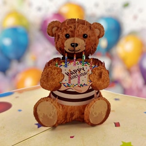 Cartão pop-up de ursinho de pelúcia de aniversário