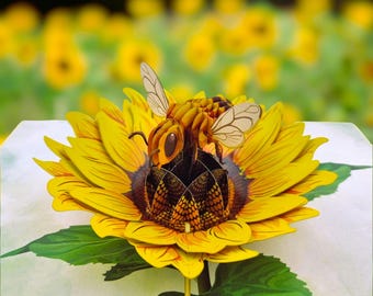 Tarjeta desplegable de girasol y abeja