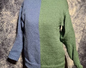 The Larry jumper, handmade 50/50 jumper, two tone split jumper, half and half coloured jumper