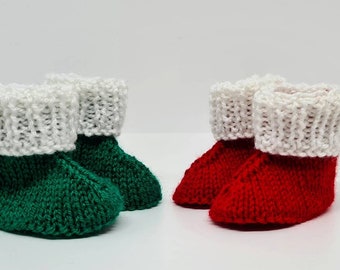 Two pack of hand knitted Christmas booties, available up to one year