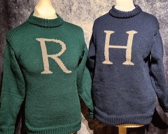 Knitted monogram jumper, adult wizard jumper, unisex monogram jumper, any colour jumper, any initial.