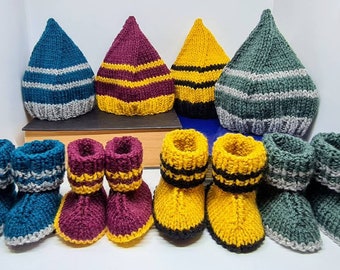 Hand knitted baby wizard hat and booties.