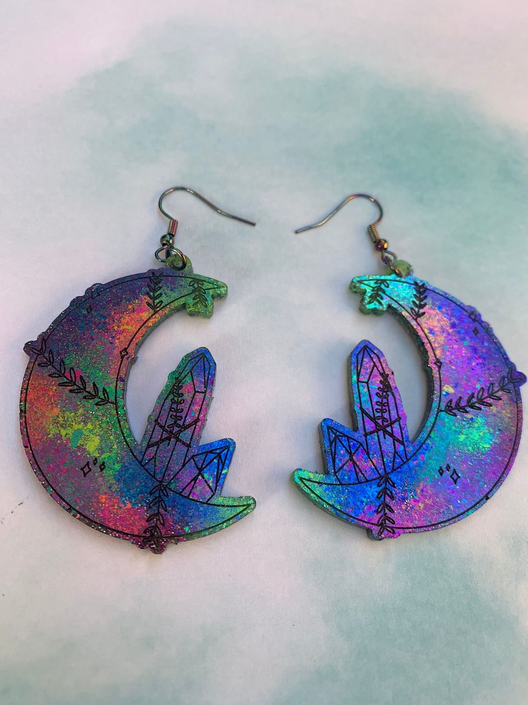 Gothic Color Changing Resin Crescent Moon Dangle Earrings~ Rainbow
