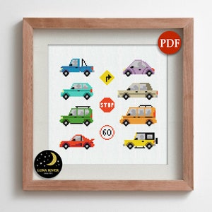 Padrão de ponto cruz de carros – download instantâneo – amostra de ponto cruz contado – ponto cruz moderno de veículo – bordado de carro – decoração infantil