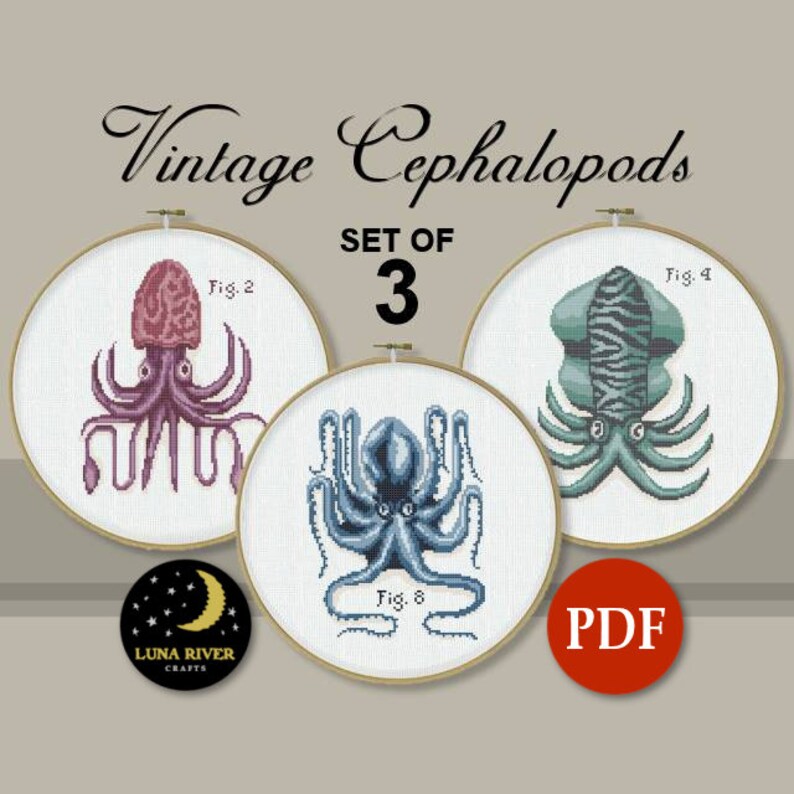 Cross Stitch Pattern Set Set of 3 Instant Download Vintage Cross Stitch Counted Cross Stitch X Stitch Pattern Cephalopod Pattern image 1