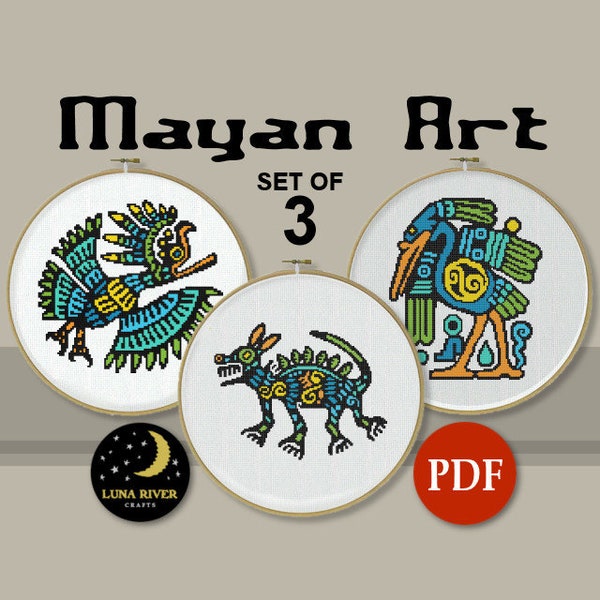 Lot de 3 motifs mayas au point de croix - oiseau maya grue de chien PDF - broderie d'art folklorique mexicain - point de croix compté - téléchargement immédiat