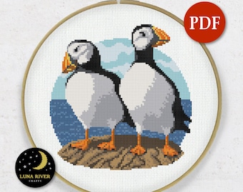 Resting Puffins Cross Stitch Pattern PDF – Cute Sea Bird Embroidery Chart – Puffin Art Design – Instant Download