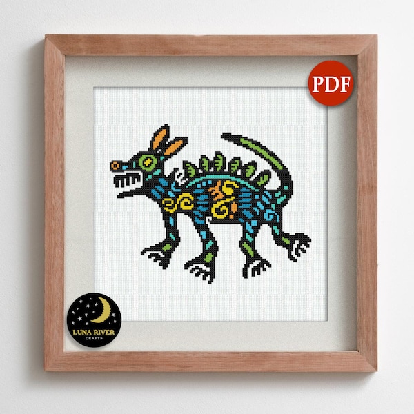 Chien maya point de croix PDF - téléchargement immédiat - broderie mexicaine Xolo - point de croix compté - motif art maya