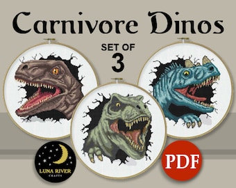 Pode incluir: Um conjunto de três padrões de ponto cruz com dinossauros carnívoros. Os padrões estão em formato PDF e são intitulados "Carnivore Dinos, Set of 3".