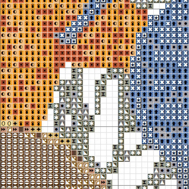 May include: A cross-stitch pattern with a variety of colors and symbols, including stars, circles, squares, and arrows. The pattern is divided into sections, with each section containing a different design.