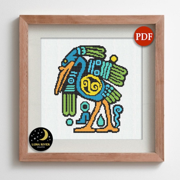 Grue maya motif point de croix - téléchargement immédiat - motif PDF oiseau - point de croix compté - grille de broderie mexicaine - oiseau art maya
