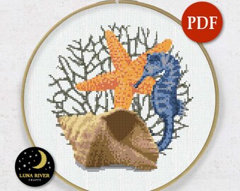 Marine Decor Cross Stitch Pattern PDF – Sea Star & Shell Design – Nautical Embroidery – Printable Instant Download