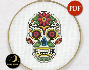 Zuckerschädel Kreuzstich - Sofortiger Download - Schädel Muster PDF - Mexikanische Traditioneller Kreuzstich - Bunte Stickvorlage