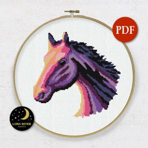 Sunset Horse Cross Stitch Patroon - Direct downloaden - Paardpatroon - Moderne getelde kruissteek - Dierenkruissteek - PDF-grafiek