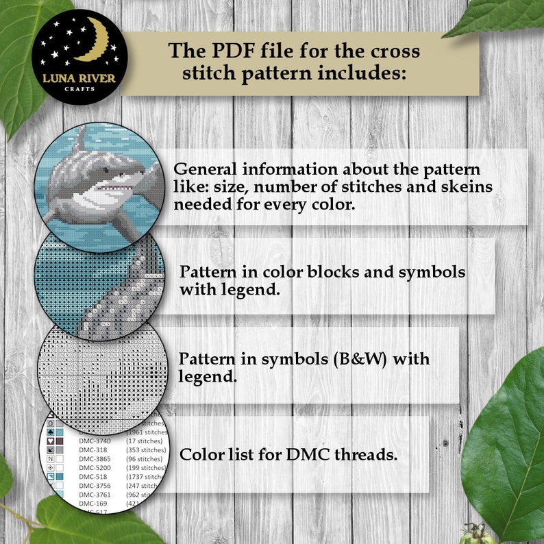 May include: A digital cross stitch pattern for a great white shark. The PDF file includes general information about the pattern, a color block pattern with legend, a black and white pattern with legend, and a color list for DMC threads.