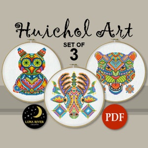 May include: Set of three colorful Huichol art cross stitch patterns featuring an owl, a deer, and a jaguar. The patterns are in PDF format.  Luna River Crafts.