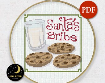 May include: Cross stitch pattern featuring a glass of milk and three chocolate chip cookies with the text "Santa's Bribe".