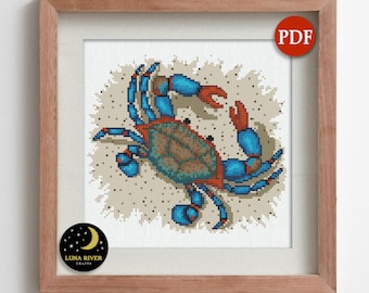 Blue Crab Cross Stitch Pattern - Instant Download - Counted Cross Stitch - Ocean Embroidery - Nautical Coastal Pattern