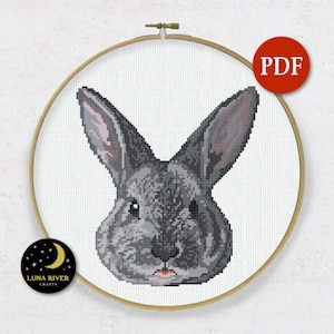 Grey Rabbit Counted Cross Stitch Pattern - Instant Download - Animal PDF Pattern - Modern Cross Stitch - Rabbit Cross Stitch - Digital Chart