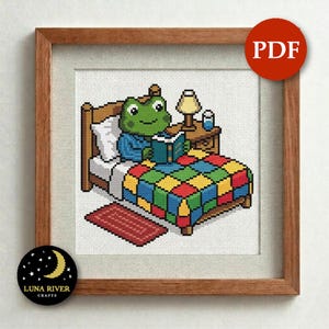 Herr Frosch im Bett lesen Kreuzstich PDF - Sofortiger Download - Buch Liebhaber Geschenk - Frosch Stickerei - Cottagecore Muster