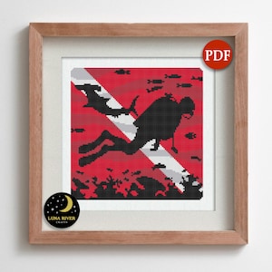 Reef Diver Cross Stitch Pattern - Instant Download - Scuba Diving Flag Chart - Modern Pattern PDF - Counted Cross Stitch - Marine X Stitch