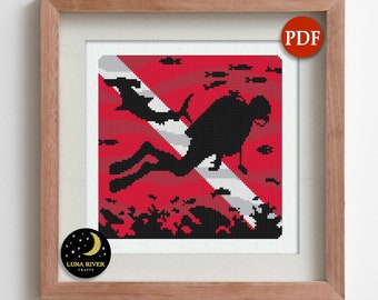 Scuba Diver Cross Stitch Pattern PDF - Reef Diver Counted Cross Stitch - Ocean Diving Embroidery Chart - Instant Download - Diver Gift