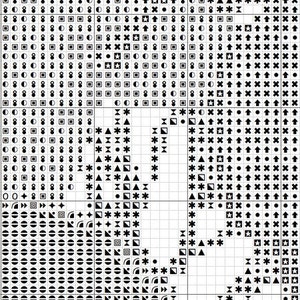 May include: Black and white cross stitch pattern with various symbols including stars, arrows, circles, squares, and triangles. The pattern is divided into sections with different designs.