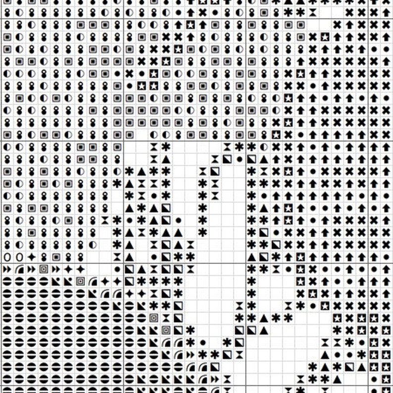 May include: Black and white cross stitch pattern with various symbols including stars, arrows, circles, squares, and triangles. The pattern is divided into sections with different designs.