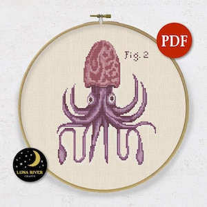 Squid Cross Stitch Pattern - Instant Download - Pattern PDF - Vintage Counted Cross Stitch - Marine X Stitch - Needlepoint Chart