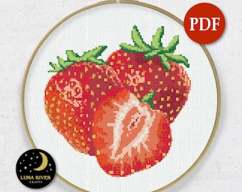 Strawberries Cross Stitch Pattern PDF - Modern Berries Design - Fruit Embroidery Chart - Kitchen Cross Stitch Design - Instant Download