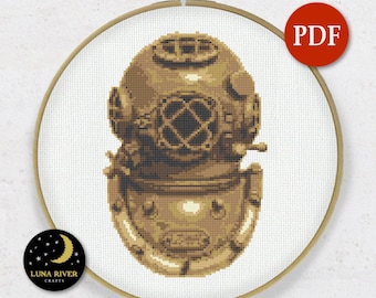 Vintage Diving Helmet Cross Stitch Pattern PDF – Nautical Embroidery Chart – Sea Diver Design – Maritime Décor – Instant Download Printable