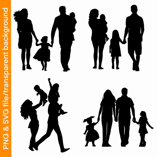 Family PNG silhouette clipart, family clipart bundle, family silhouette, family printable, family sublimation