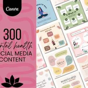 300 Social Media Content - Mental Health Posts | Canva Editable | Entrepreneur, Inspiration, Motivation, Influencer | Graphics | Templates