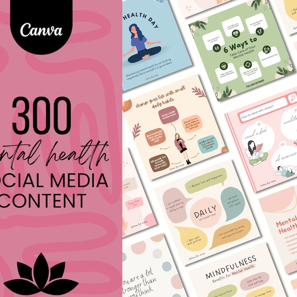 300 Social Media Content - Mental Health Posts | Canva Editable | Entrepreneur, Inspiration, Motivation, Influencer | Graphics | Templates