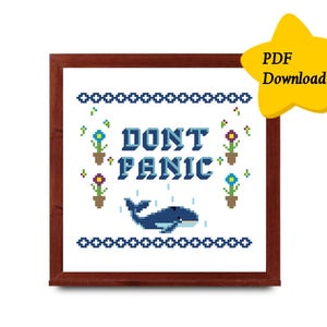 Dont Panic Cross Stitch, Instant PDF Download Only, Template, Hitchhickers Guide To The Galaxy, Douglas Adams, Modern, Subversive, Nerdy