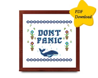 Dont Panic Cross Stitch, Instant PDF Download Only, Template, Hitchhickers Guide To The Galaxy, Douglas Adams, Modern, Subversive, Nerdy