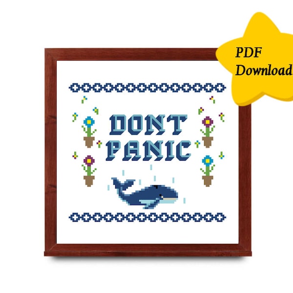 Dont Panic Cross Stitch, Instant PDF Download Only, Template, Hitchhickers Guide To The Galaxy, Douglas Adams, Modern, Subversive, Nerdy