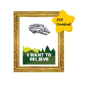 Jag vill tro korsstygnsmönster, endast direkt PDF-nedladdning, mall, X-Files, Millennium Falcon, Star Wars, modern, subversiv
