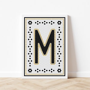 Buchstabe M Mosaik Kunstdruck, Vintage Kachel Letter Design, Schwarz & Weiß Letter Art, Französische Fliesen inspirierte Kunst, Digitaler Download, druckbare Kunst