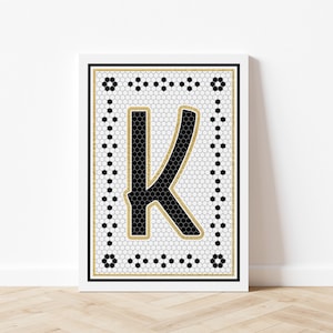 Letter K Mosaic Art Print, Vintage Tile Letter Design, Black & White Letter Art, French Tile Inspired Art, Digital Download, Printable Art