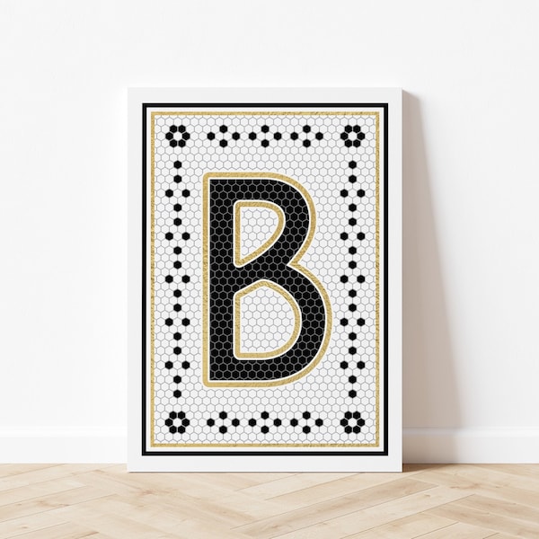 Letter B Mosaic Art Print, Vintage Tile Letter Design, Black & White Letter Art, French Tile Inspired Art, Digital Download, Printable Art