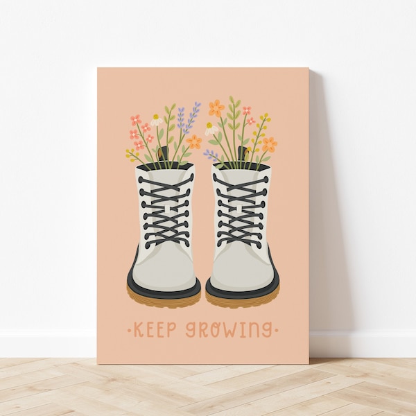 Keep Growing Art Print, Doc Martens and Wildflowers Illustration, Mental Health Wall Art, Shoe Lover Art, Digital Download, Printable Art