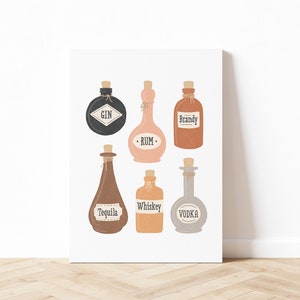 Liquor Potion Bottles Illustration Art Print, Witchy Inspired Bar Art, Alcohol Wall Art, Fall Wall Art, Digital Download, Printable Art