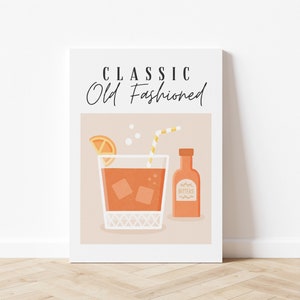 Old Fashioned Cocktail Illustration, Whiskey Cocktail Art Print, Liquor Art, Bar Wall Art, Dorm Decor, Digital Download, Printable Art