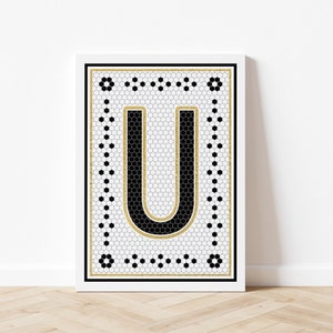 Buchstabe U Mosaik Kunstdruck, Vintage Kachel Letter Design, Schwarz Weiß Letter Art, Französische Fliesen inspirierte Kunst, Digitaler Download, druckbare Kunst