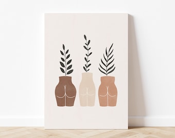 Wazony i rośliny na pośladki, wydruk artystyczny Body Positive, abstrakcyjna ilustracja ciała i roślin, neutralna sztuka ścienna Boho, pobieranie cyfrowe, sztuka do druku
