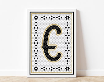 Letter E Mosaic Art Print, Vintage Tile Letter Design, Black & White Letter Art, French Tile Inspired Art, Digital Download, Printable Art